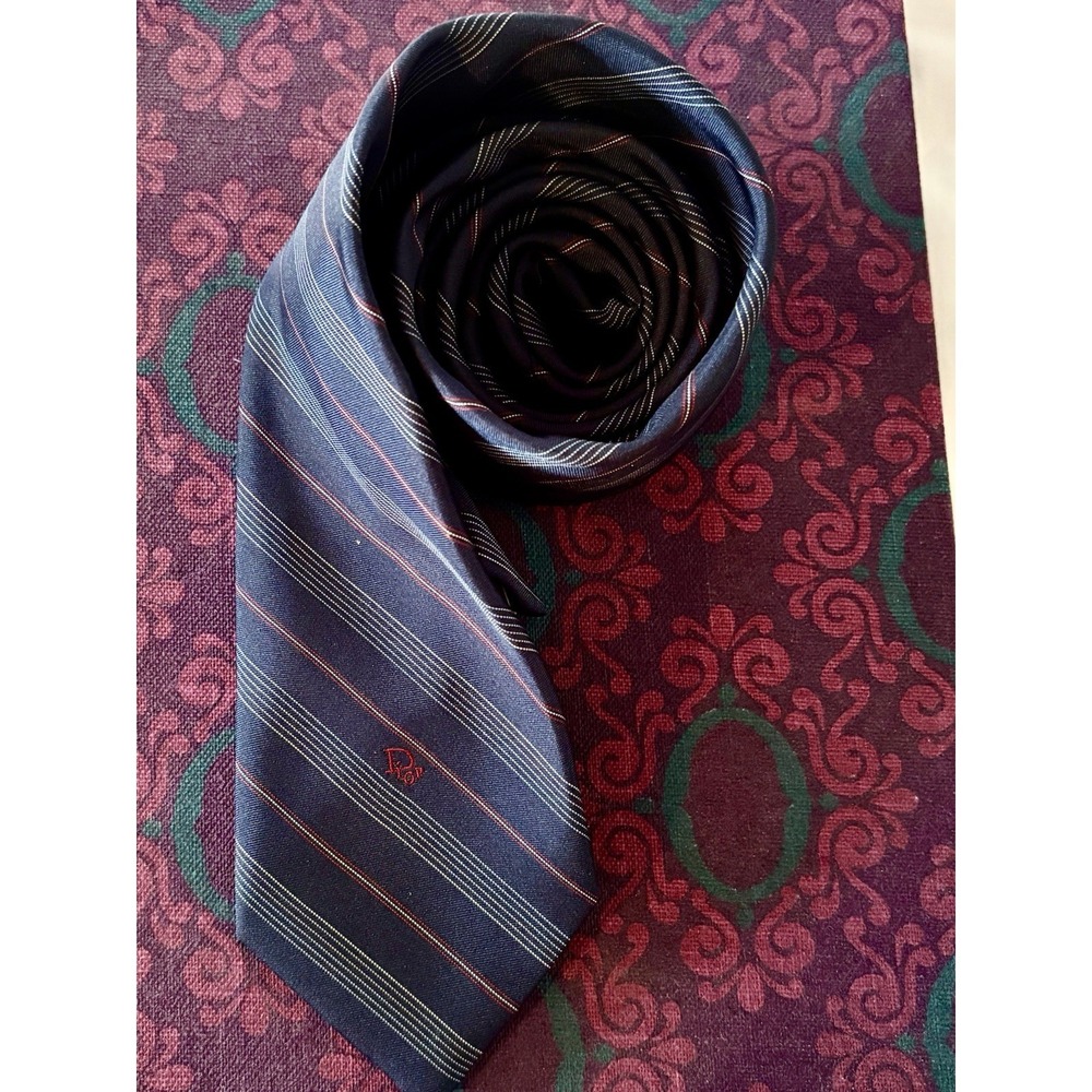 Vintage Dior Paris New York Silk Necktie Navy Red White Stripe Logo Tie